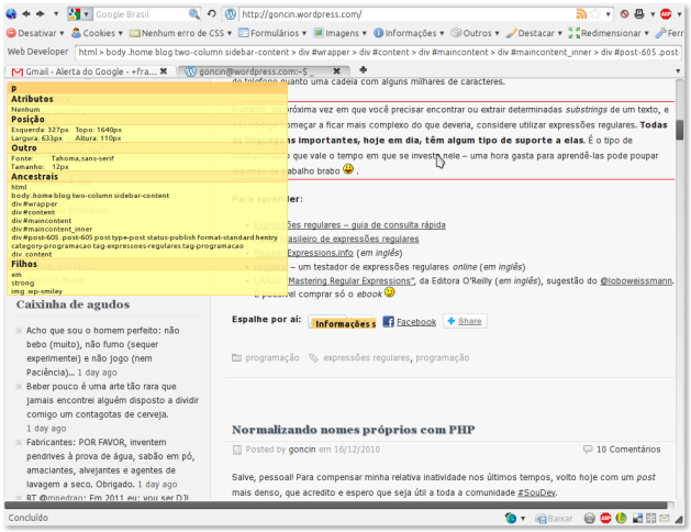 Firefox com WebDeveloper Toolbar em ação